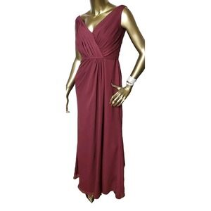 David's Bridal V-Neck Sheer Layered Bridesmaid Maxi Dress Maroon Women's Sz 2*‎